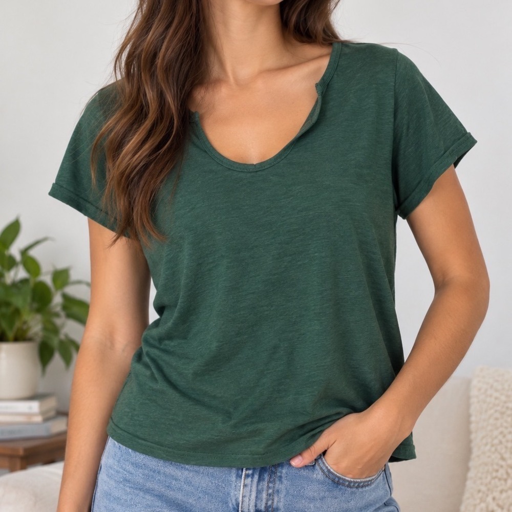 Forest Green Scoop Neck Short Sleeve Boxy Top L Relaxed Fit Minimalist Capsule